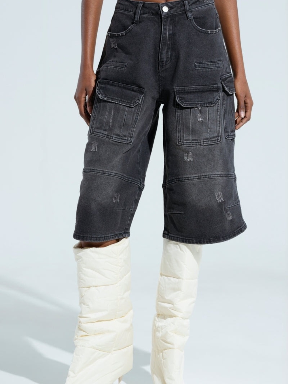 AKIRA Black Wide-Leg Cargo Bermuda Shorts